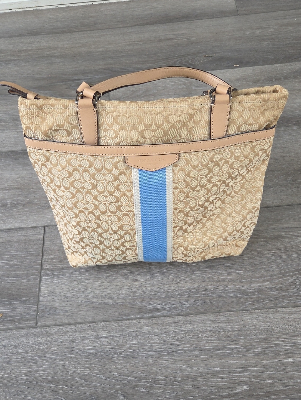 Coach Signature Canvas Blue Stripe With Tan Shoulder Bag F27008